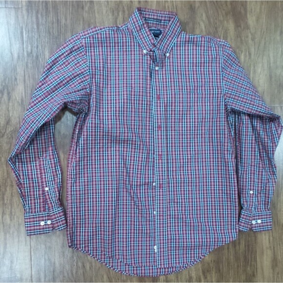 Lands End Shirt Mens Medium Blue Red Plaid Long Sleeve Button Front - Picture 1 of 12
